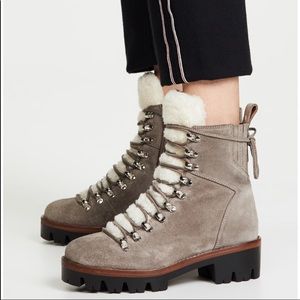 Jeffrey Campbell Taupe Suede Lace-Up Shearling Trim Boots